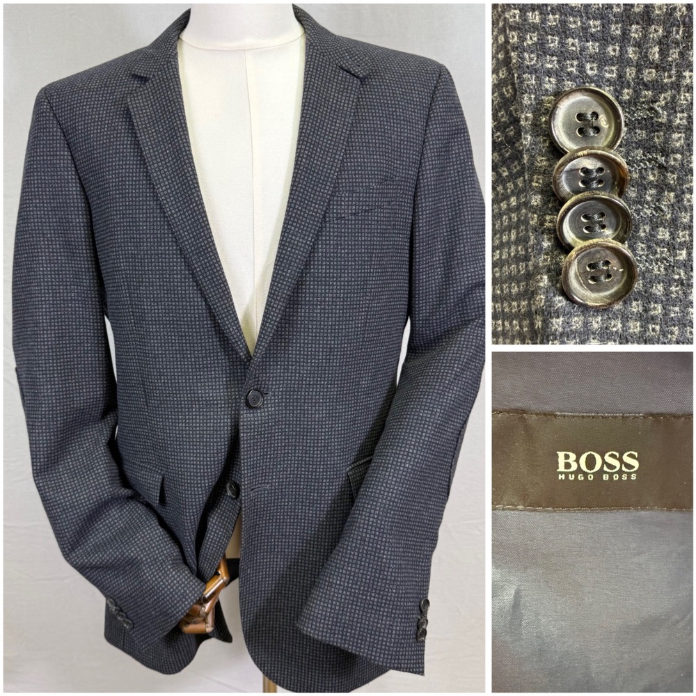 HUGO BOSS Sport Coat Mens 42L Grey Micro Check Virgin Wool Rhett1 Vented Blazer